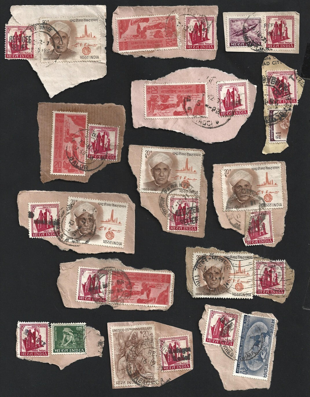 India 1971 Refugee Relief rubberstamp ovpts on pieces 19 pic LARGE COLLECTION