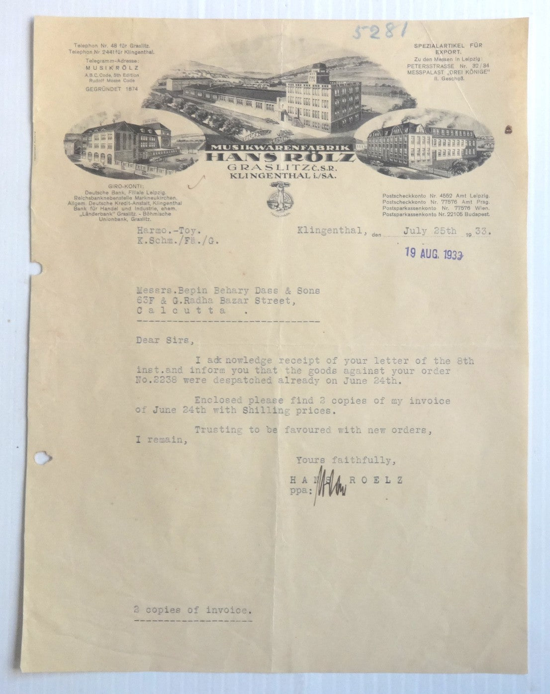 Hansrolz Musical Instrument Factory 1933 illustrated letterhead to India