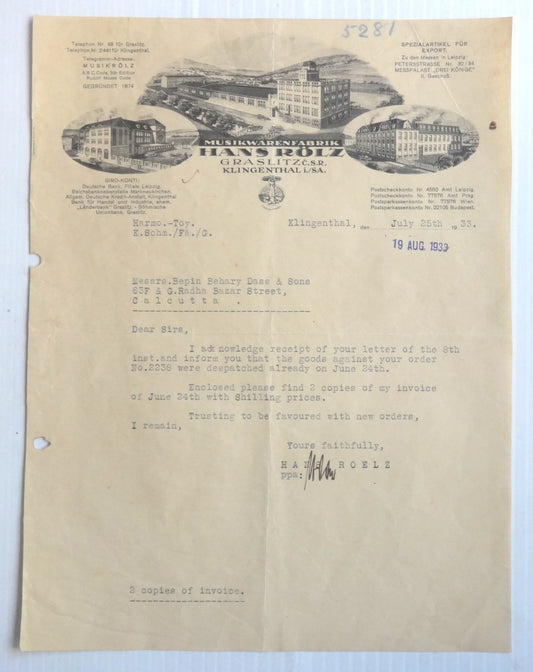 Hansrolz Musical Instrument Factory 1933 illustrated letterhead to India
