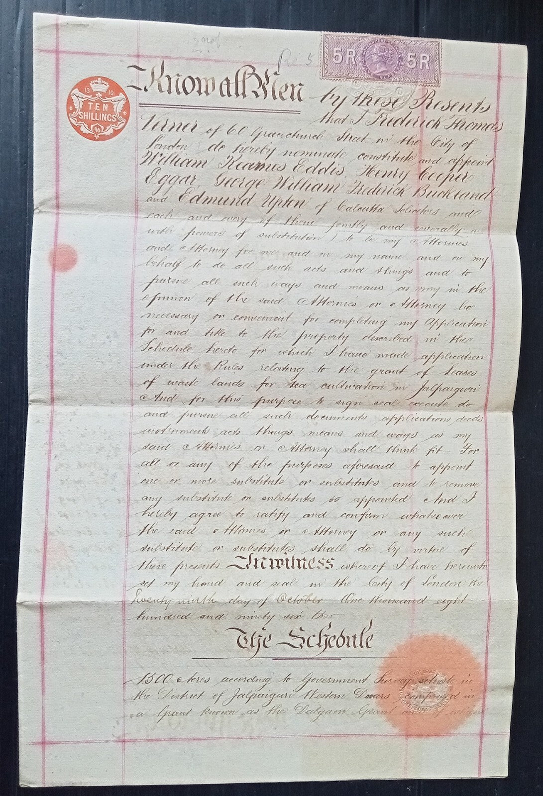 India 1896 QV 5R Special Adhesive revenue on PoA wi GB 10s impressed revenue zaz