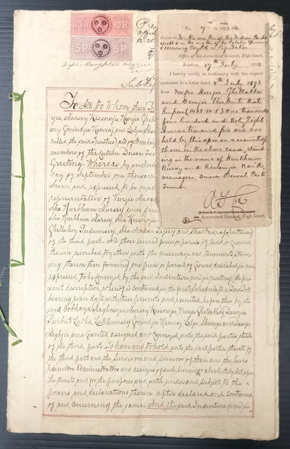 AOP India 1893 15 pages DEED with QV Special Adhesive 5R & 10R