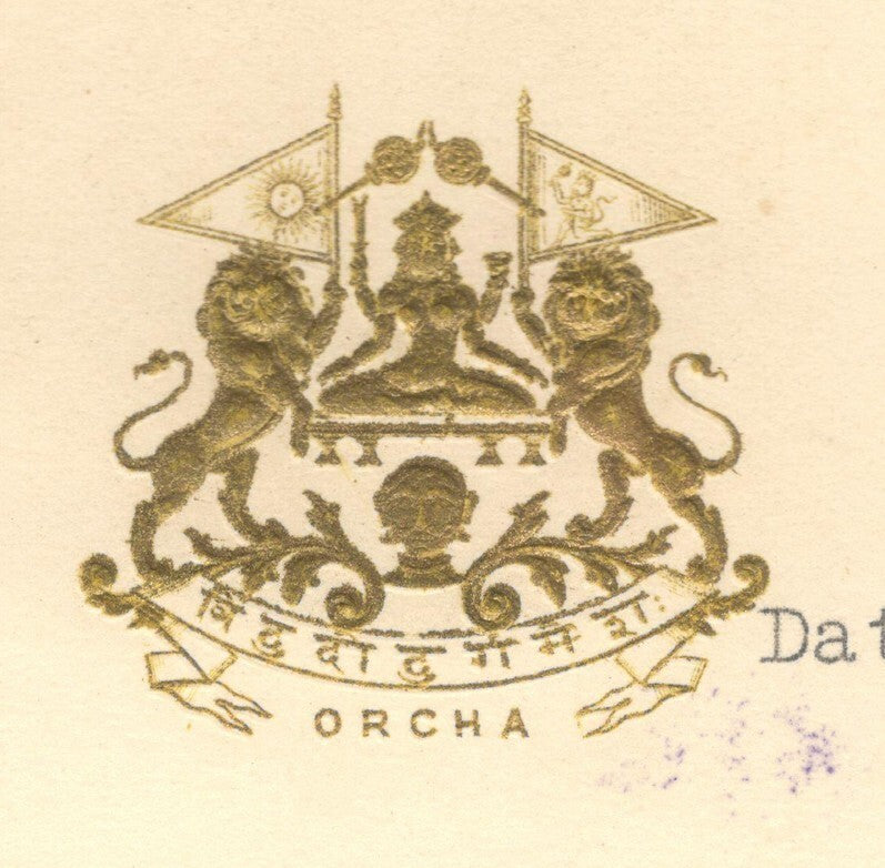 India ORCHA STATE crested letter 1927 MAHARAJA Vir Singh II rubberstamp