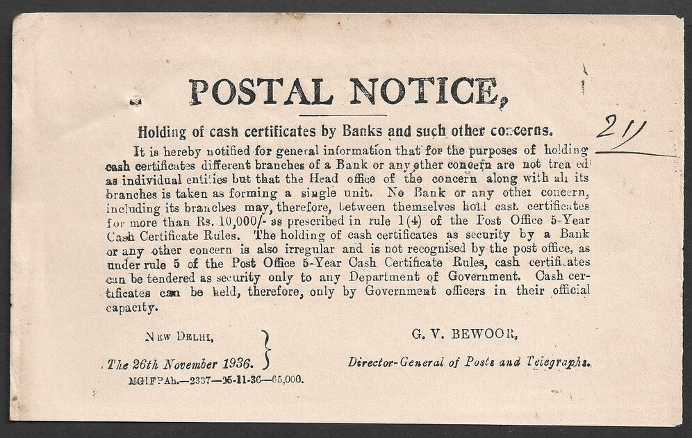 India POSTAL NOTICE 26th Nov.1936 Holding of Cash Certificates