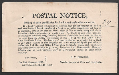 India POSTAL NOTICE 26th Nov.1936 Holding of Cash Certificates