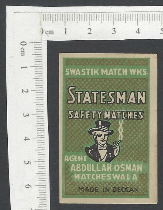 India 1940s matchbox labels – STATESMAN Cigarettes – Made in Deccan