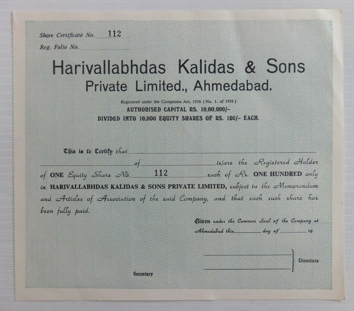 India Harivallabhdas Kalidas & Sons share certificate UNUSED