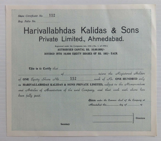 India Harivallabhdas Kalidas & Sons share certificate UNUSED