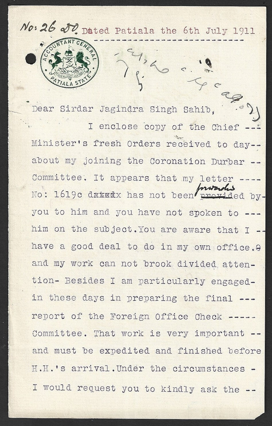 India 1911 signed crested letter ACCOUNTANT GENERAL * PATIALA STATE