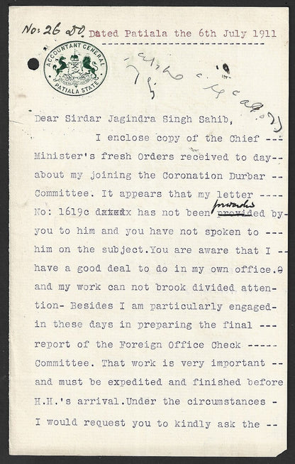 India 1911 signed crested letter ACCOUNTANT GENERAL * PATIALA STATE