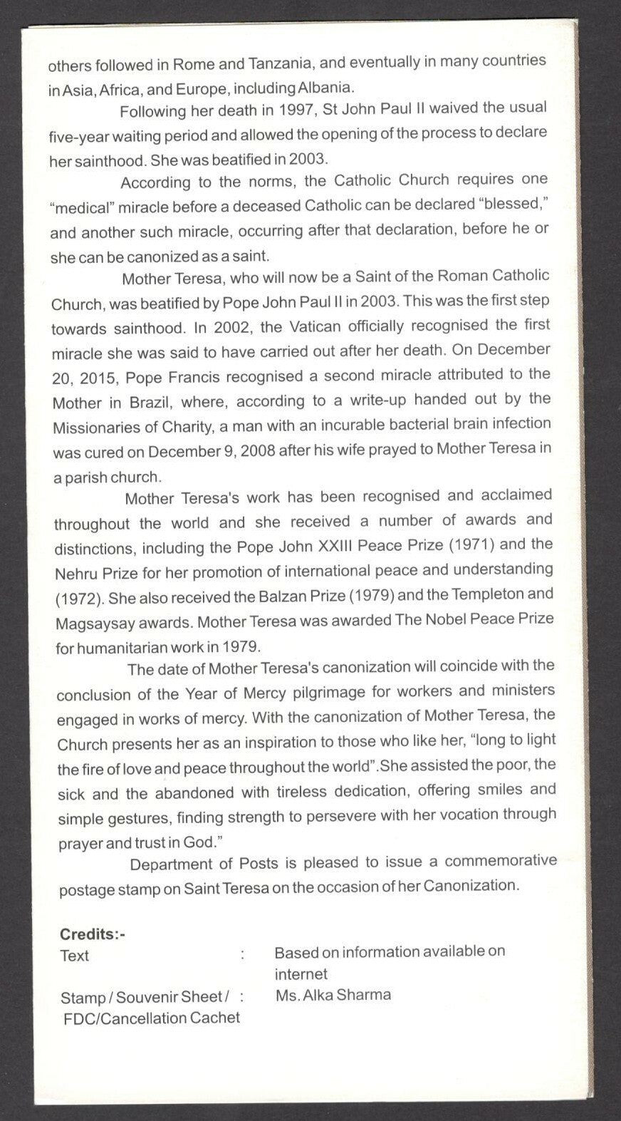 India 2016 Saint Teresa MS on used brochure