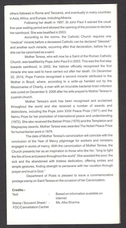 India 2016 Saint Teresa MS on used brochure