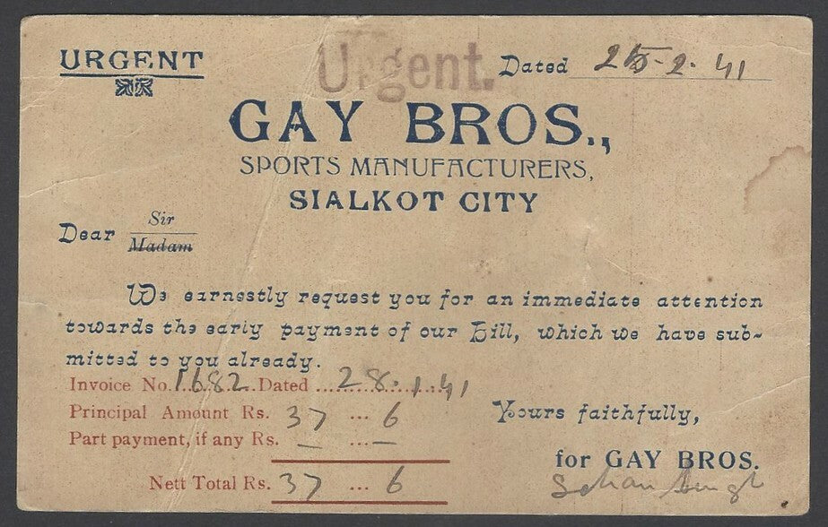 AOPIMT India Gay Bros Sialkot advertisement postcard 1941 