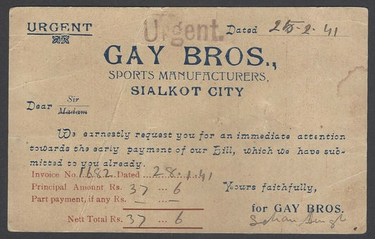 AOPIMT India Gay Bros Sialkot advertisement postcard 1941 