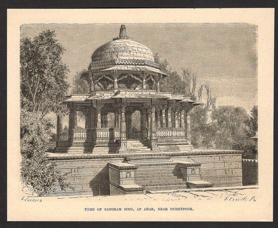 India MAUSOLEUM MAHA SATI, NEAR OUDEYPOOR engraved print - Rousslet 1876 7"x5.5"