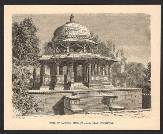 India MAUSOLEUM MAHA SATI, NEAR OUDEYPOOR engraved print - Rousslet 1876 7"x5.5"