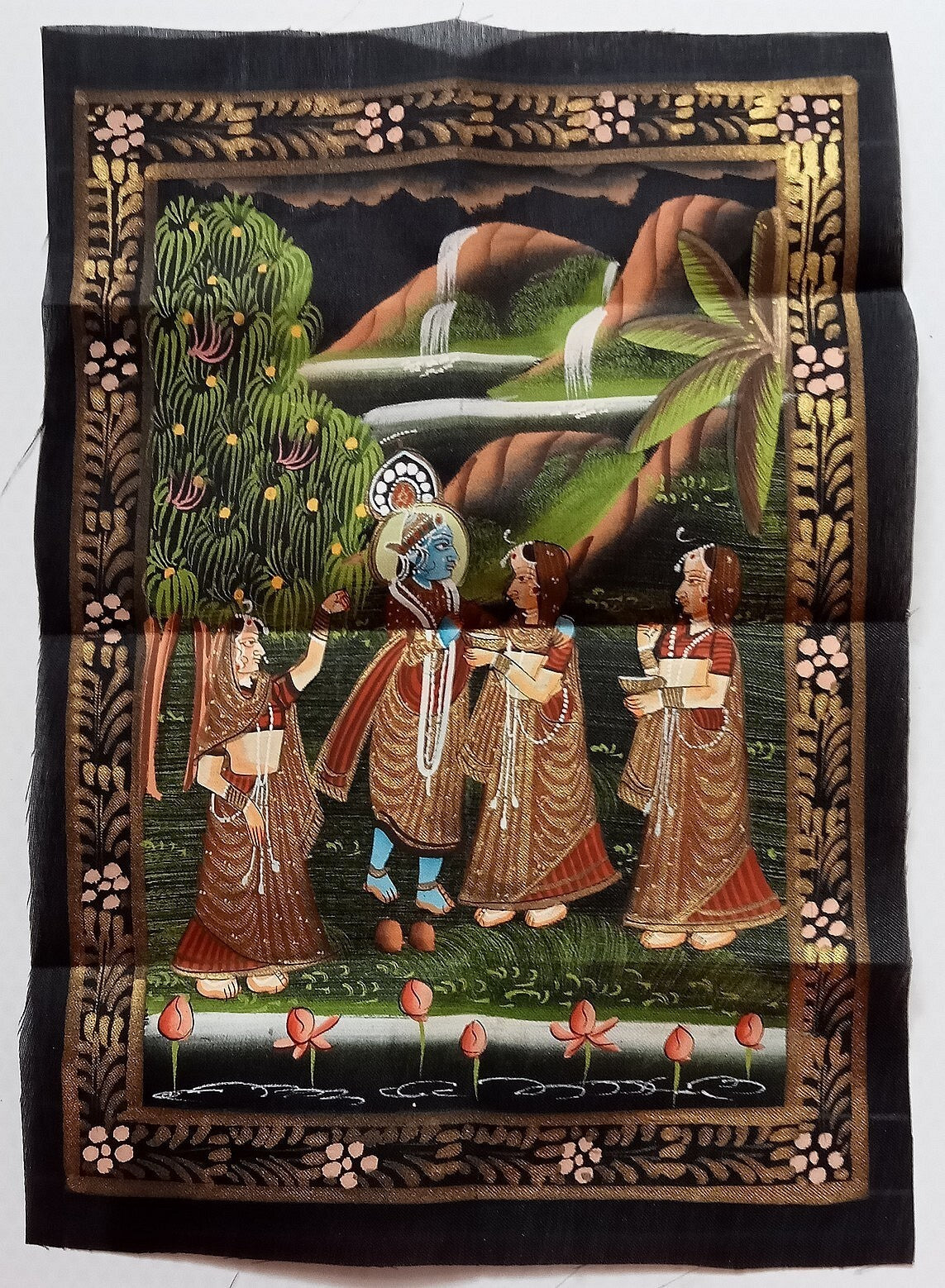 India vintage hand painting on cloth RADHA, KRISHNA & 2 GOPIS 8 x 12 inches
