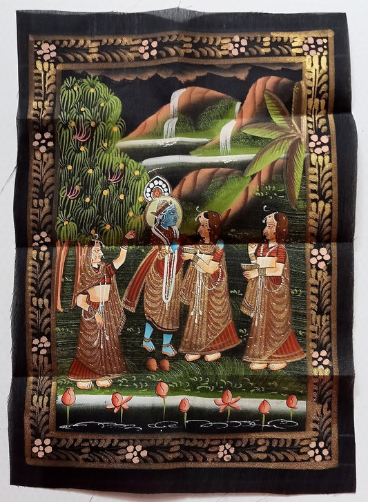 India vintage hand painting on cloth RADHA, KRISHNA & 2 GOPIS 8 x 12 inches
