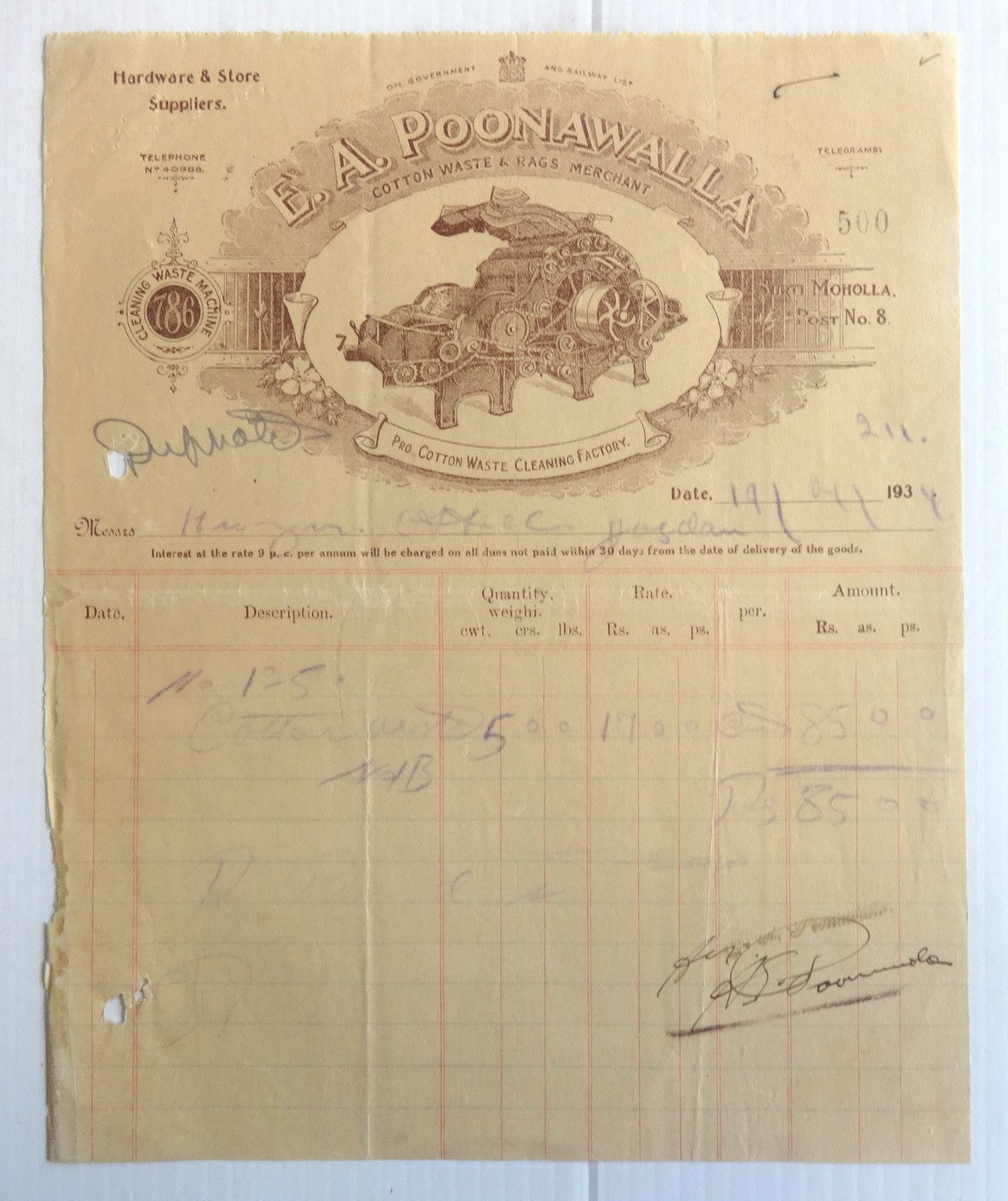 India 1934 illustrated billhead POONAWALLA COTTON WATE & RAGS MERCHANT