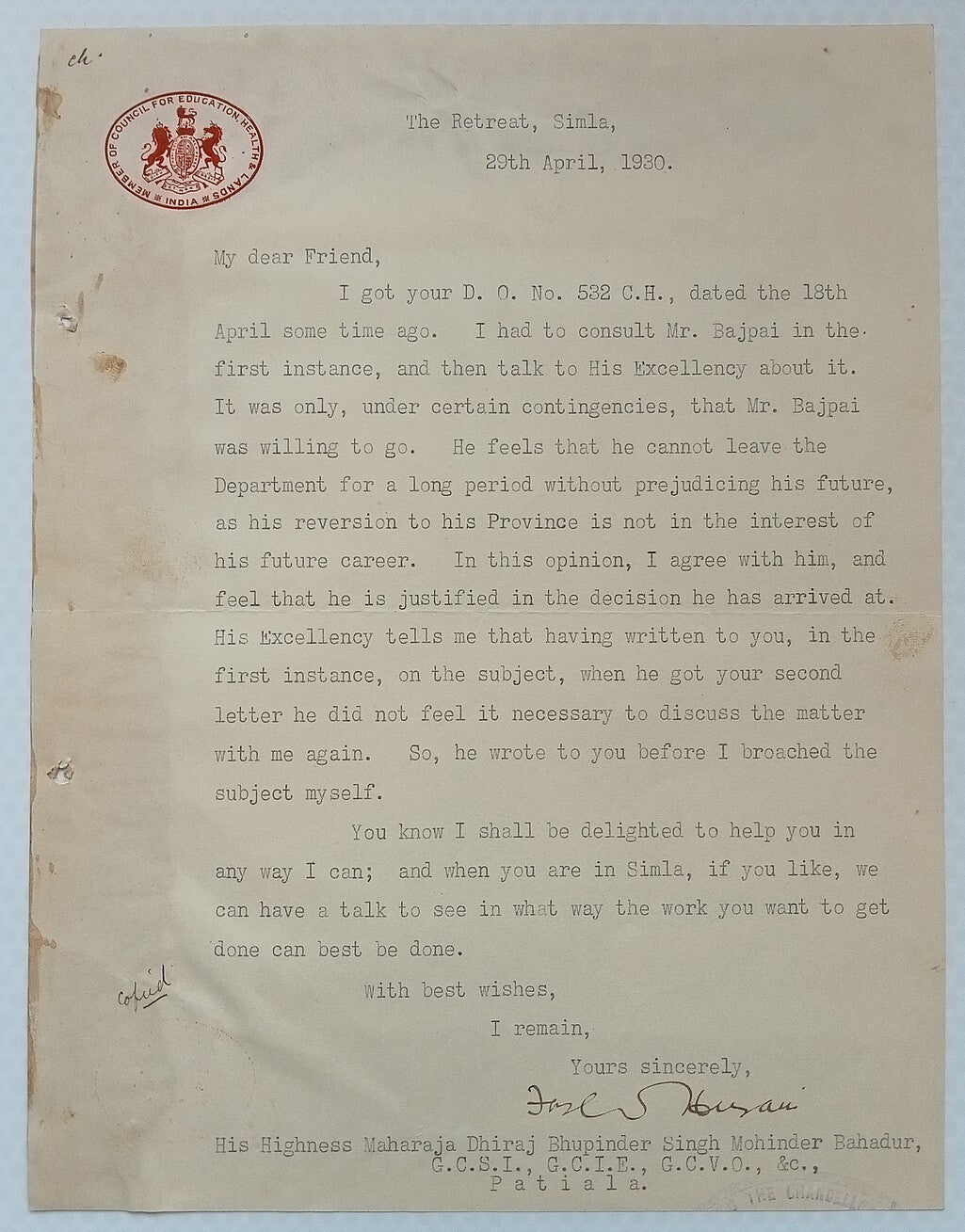 India 1930 crested letter MEMBR OF COUNCIL FOR EDUCATION, HEALTH & LANDS