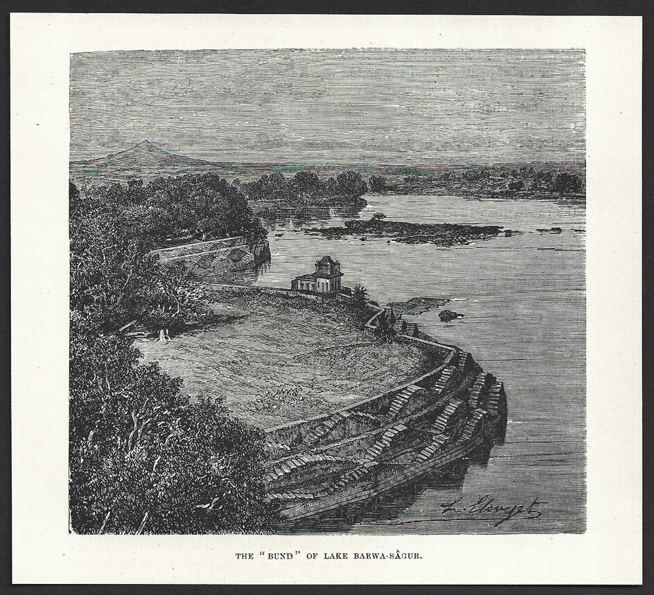 India "BUND" OF LAKE BARWA-SAGUR engraved print ex libris Rousslet 1876 6"x5.5"