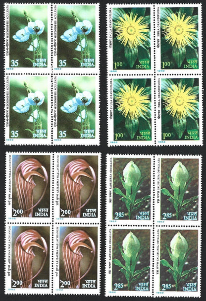 India 1982 Himalayan Flowers set of 4 MNH blocks of 4