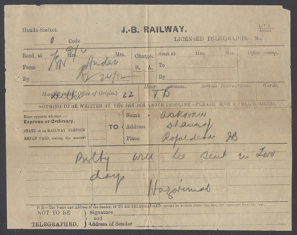 AOP India J.B. (Jodhpur Bikaner) State Railway telegram form used
