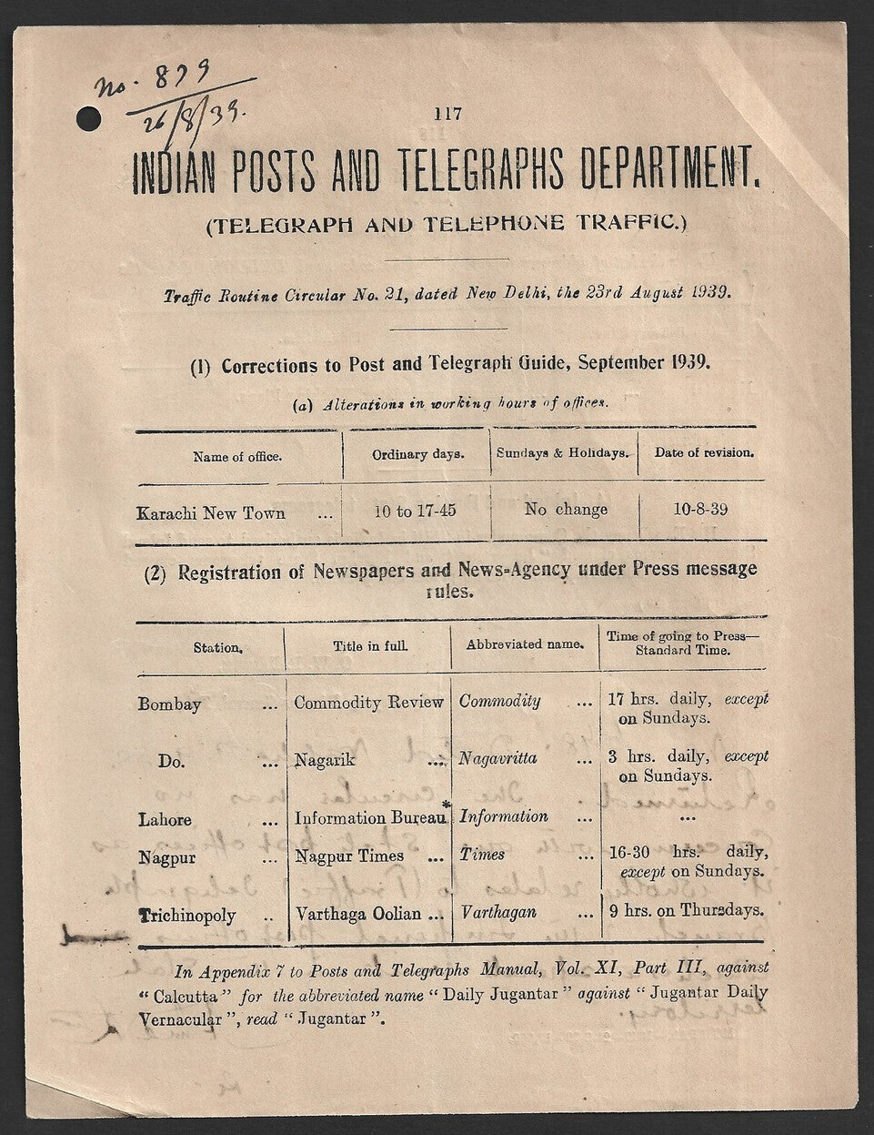 India 1939 POSTAL NOTICE several topics Registeration of Newspapers & New-Agency