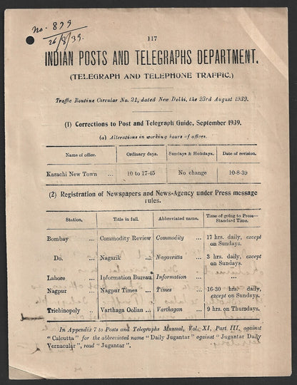 India 1939 POSTAL NOTICE several topics Registeration of Newspapers & New-Agency
