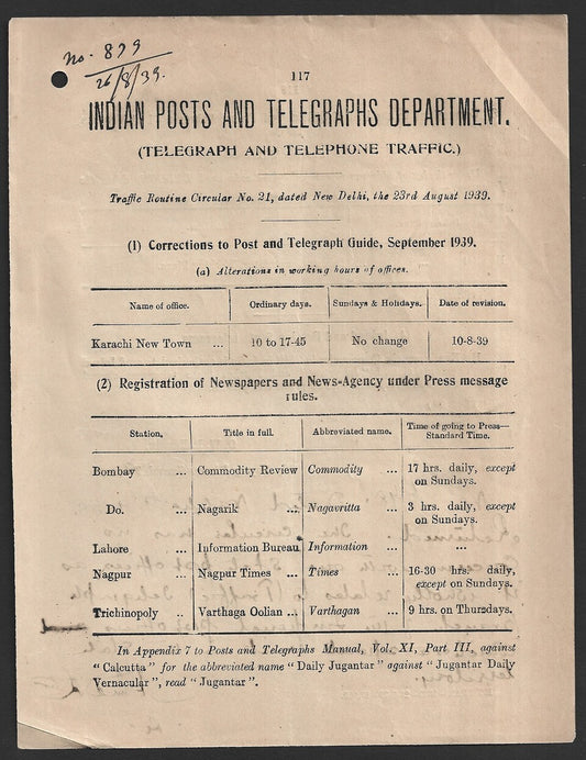 India 1939 POSTAL NOTICE several topics Registeration of Newspapers & New-Agency