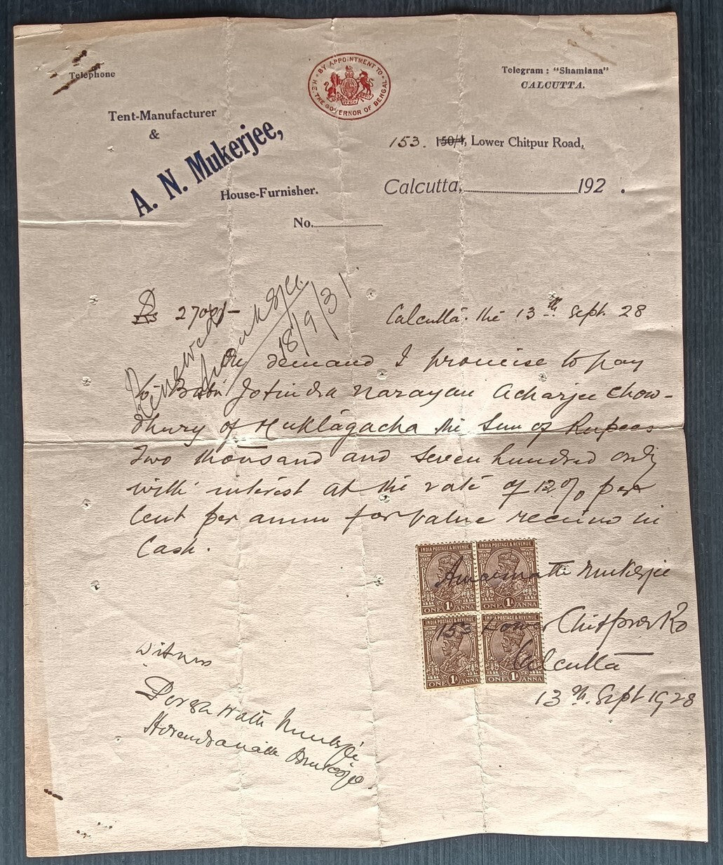 India 1928 Tent Manufacturer receipt on letterhead with KGV 1a block of 4