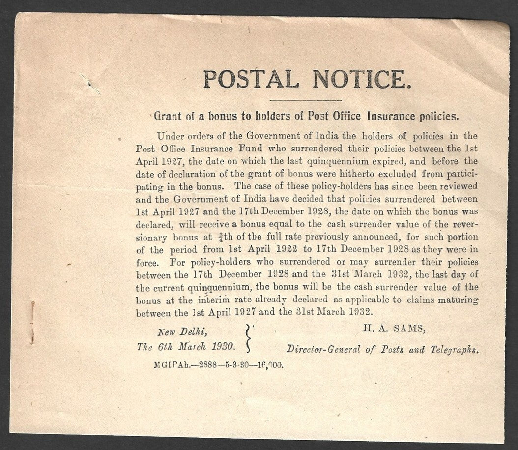India 1929 POSTAL NOTICE Bonus to holders of Post Office Insurance Policies