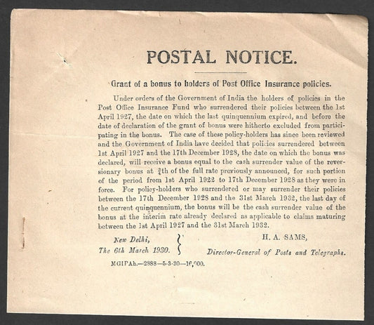 India 1929 POSTAL NOTICE Bonus to holders of Post Office Insurance Policies