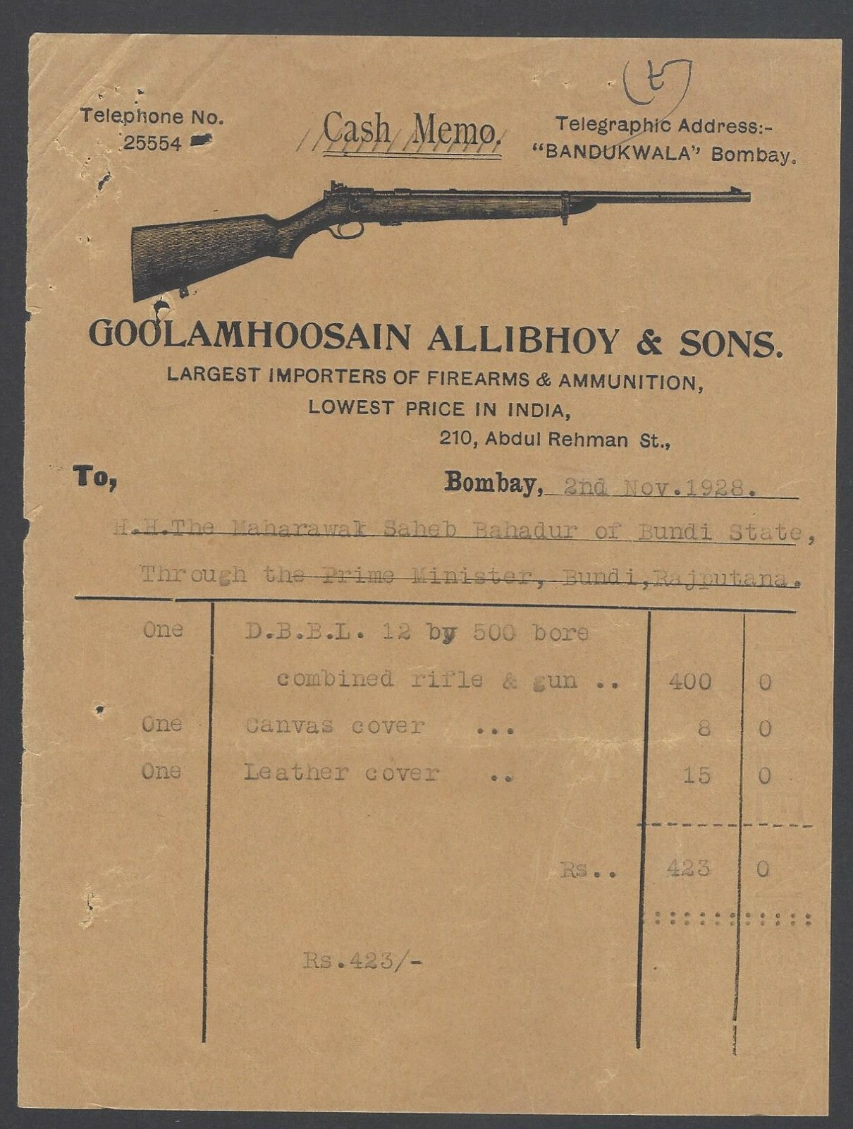 AOPIMT India illus (Gun) letter head 1928 Importers of arms & ammunition 