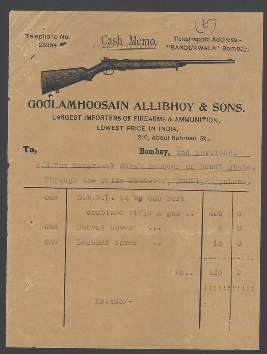 AOPIMT India illus (Gun) letter head 1928 Importers of arms & ammunition 