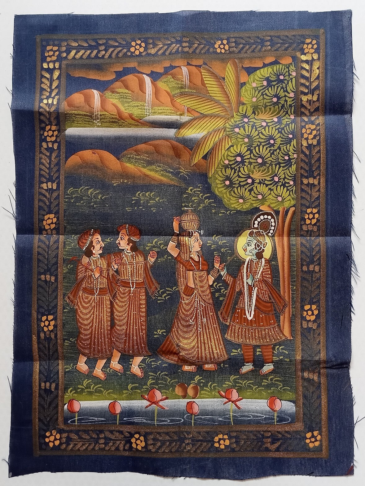 India vintage hand painting on cloth RADHA & KRISHNA 9 x 12 inches