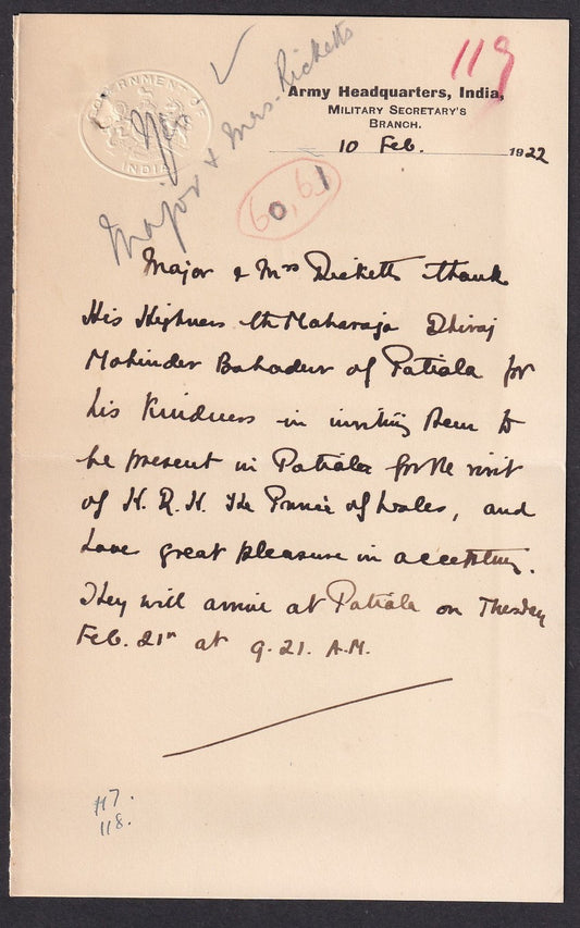 India 1922 HRH The Prince of Wales Visit invitation for Maharaja Patiala