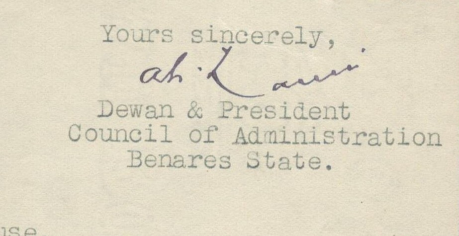 India 1945 crested letter PRESIDENT'S HOUSE / BENARES STATE signed Dewan