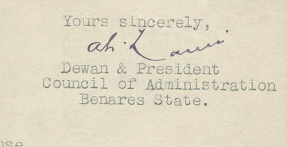 India 1945 crested letter PRESIDENT'S HOUSE / BENARES STATE signed Dewan