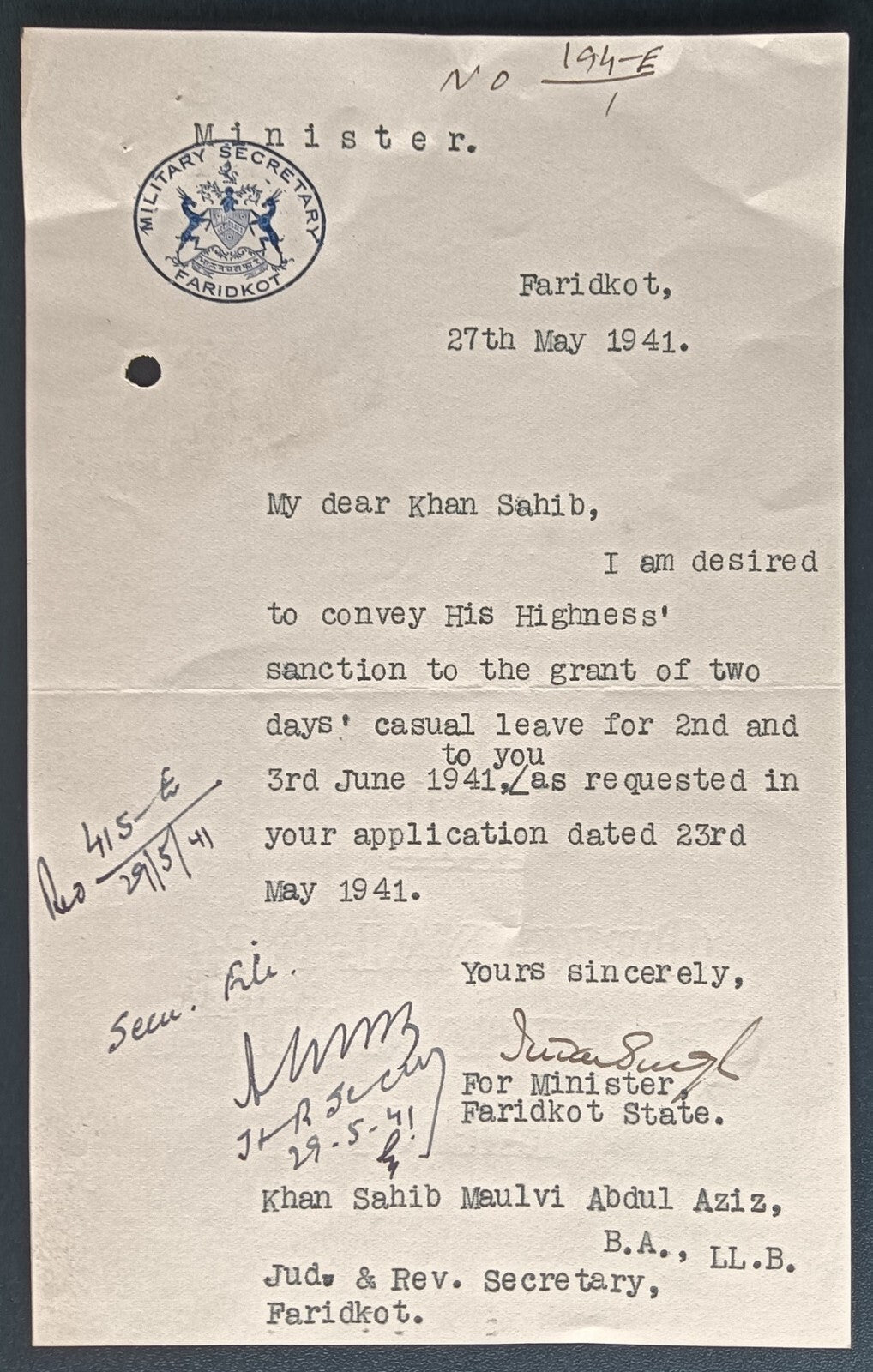 India 1941 crested letter MILITARY SECRETARY FARIDKOT