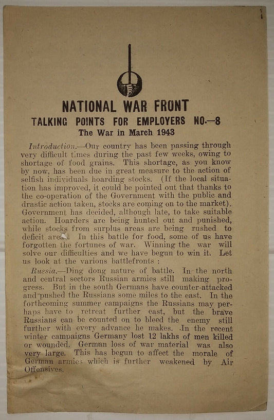 India WW2 National War Front Propaganda leaflet Talking Points For Employers 