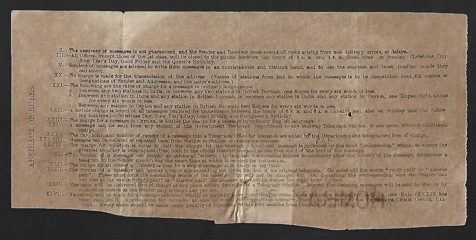 AOP India QV Telegraph stamp 1R slate on receipt canc BOMBAY 1980 & RECEIVED OPE