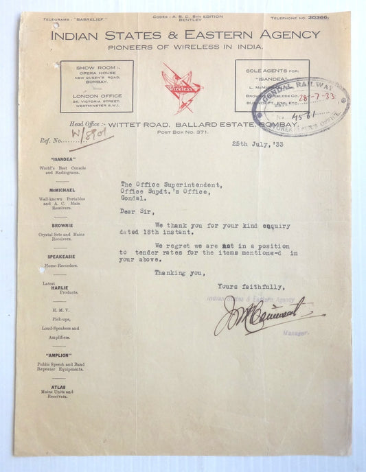 India 1933 Indian States & Agency Pioneers of Wireless in India Illus Letterhead