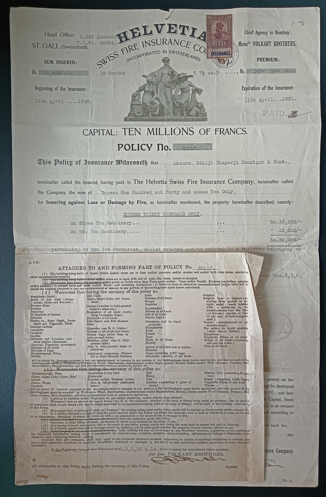 India HELVETIA SWISS FIRE INSURANCE COMPANY 1931 Insurance Policy