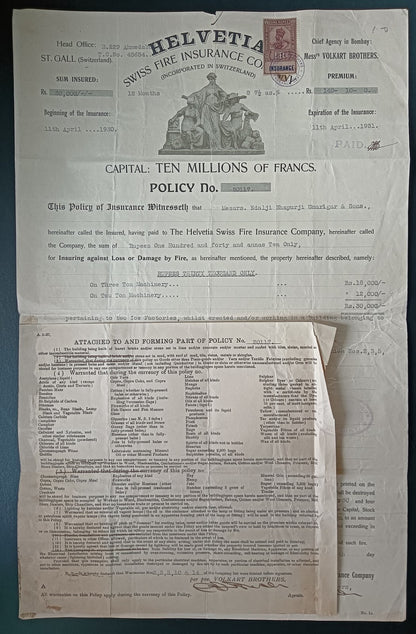 India HELVETIA SWISS FIRE INSURANCE COMPANY 1931 Insurance Policy