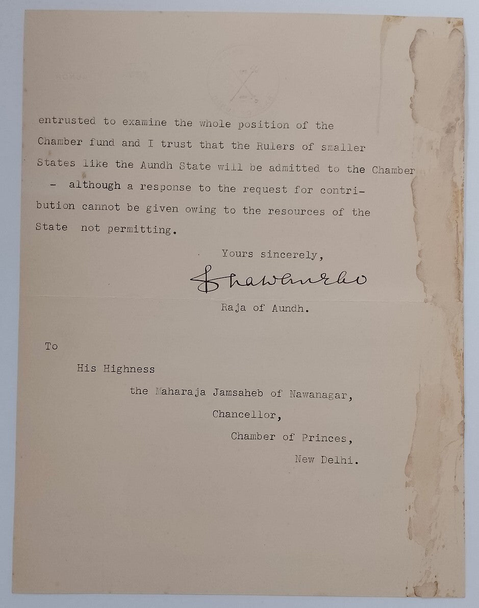 AUNDH STATE India 1940 crested letter signed Raja Bhawanrao Shriniwasrao Pant