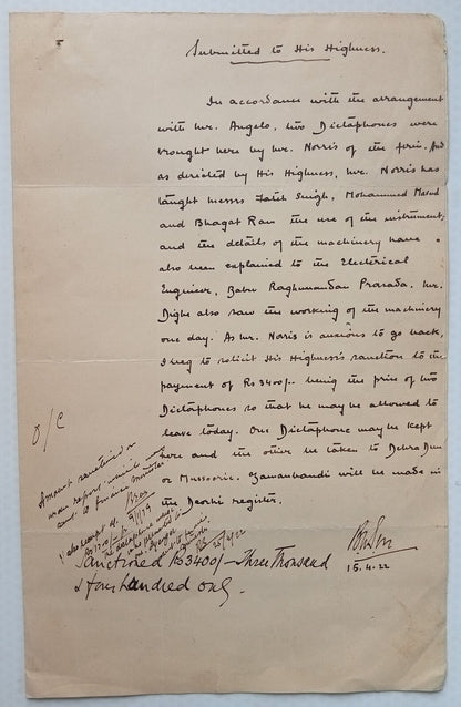 India 1922 pictorial advert letter DICTAPHONE & demo report for Maharaja Nabha