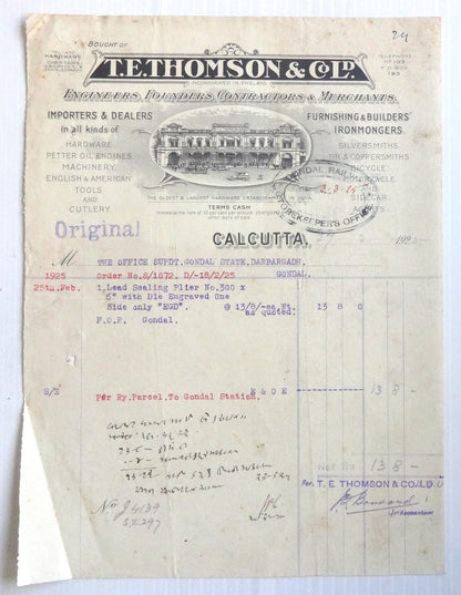 India 1925 T.E. Thomson Bicycle, Motorcycle, Sidecars Illustrated Billhead