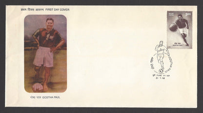 India 1998 Football - Gostha Paul FDC & stamped FD brochure folder