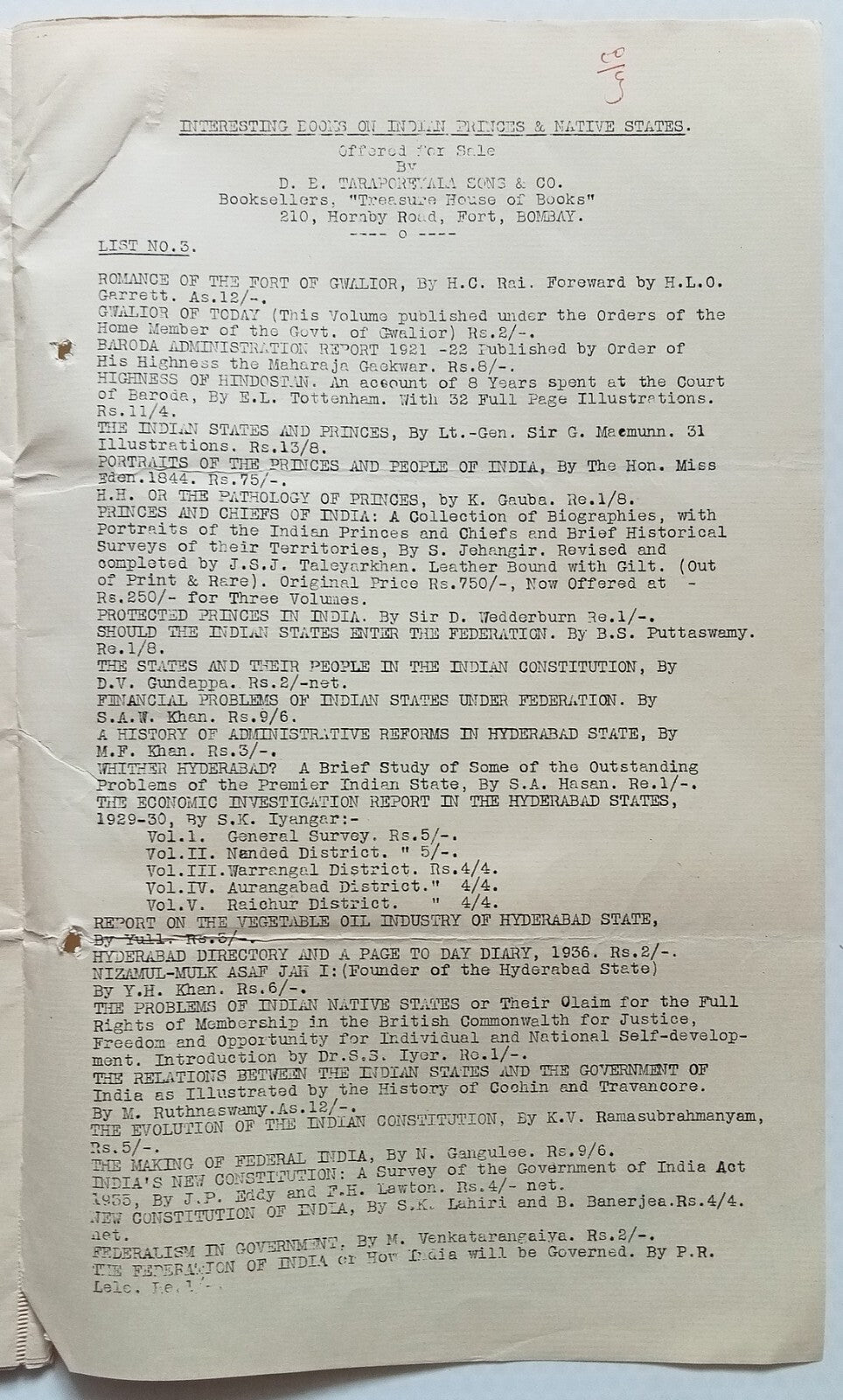 India Taraporewala, Bombay 1938 list of books on Federation, Constitution, etc.