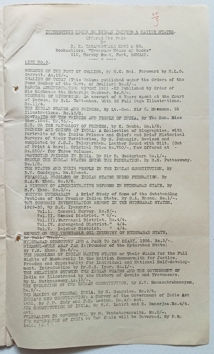 India Taraporewala, Bombay 1938 list of books on Federation, Constitution, etc.